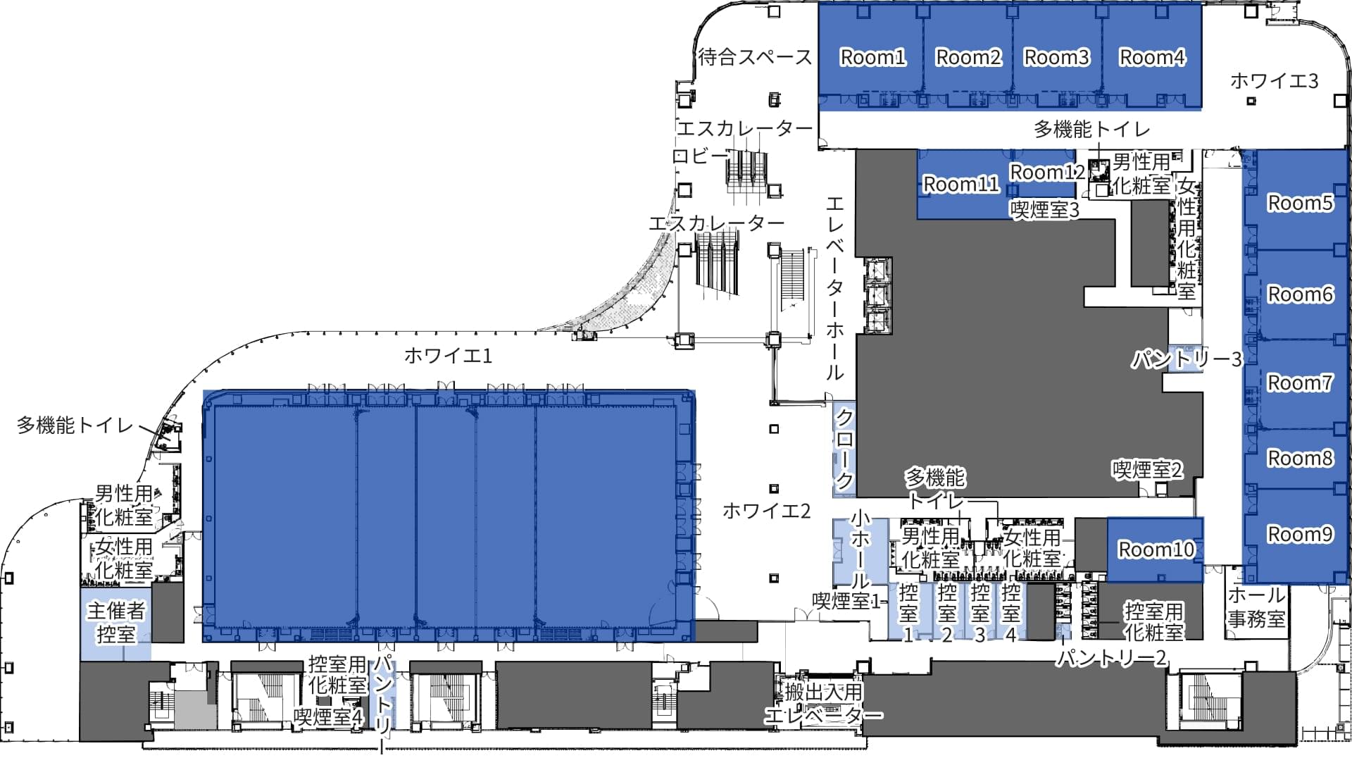 5階フロア図。左側のホール、右側の会議室12部屋が利用箇所として示されています。