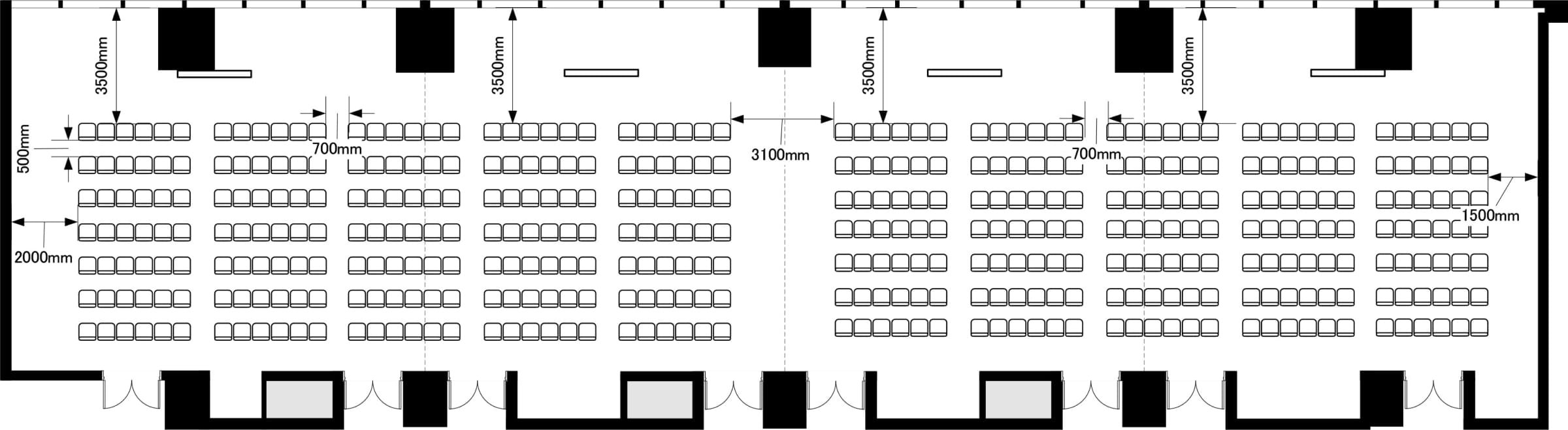カンファレンスルーム1から4を連結したレイアウト図。4つの部屋を連結して、シアター形式で利用する際の配置が示されています。