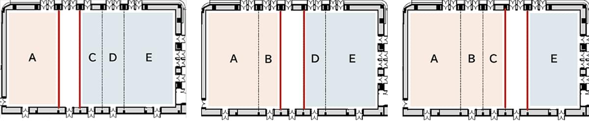 2社でホールを分割利用する3パターンの配置図です。左はホールAとC,D,E、中央はホールA,BとD,E、右はホールA,B,CとEに分割する例を示しています。